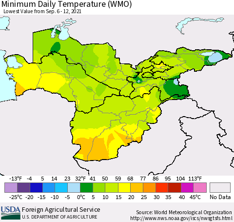 Central Asia Minimum Daily Temperature (WMO) Thematic Map For 9/6/2021 - 9/12/2021