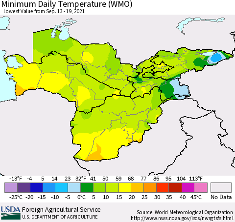 Central Asia Minimum Daily Temperature (WMO) Thematic Map For 9/13/2021 - 9/19/2021