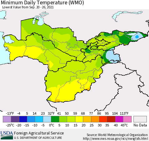 Central Asia Minimum Daily Temperature (WMO) Thematic Map For 9/20/2021 - 9/26/2021