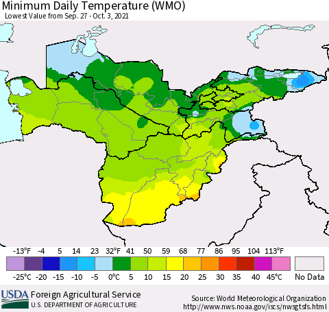 Central Asia Minimum Daily Temperature (WMO) Thematic Map For 9/27/2021 - 10/3/2021