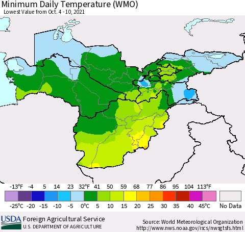 Central Asia Minimum Daily Temperature (WMO) Thematic Map For 10/4/2021 - 10/10/2021