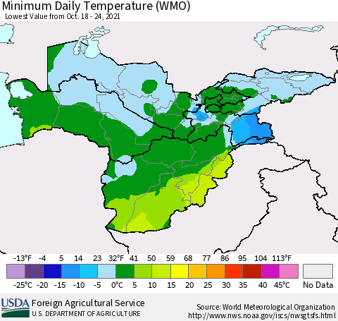 Central Asia Minimum Daily Temperature (WMO) Thematic Map For 10/18/2021 - 10/24/2021