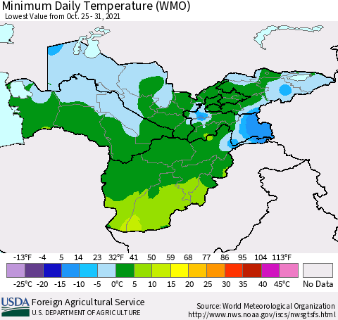 Central Asia Minimum Daily Temperature (WMO) Thematic Map For 10/25/2021 - 10/31/2021