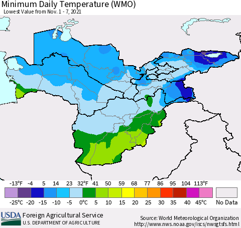 Central Asia Minimum Daily Temperature (WMO) Thematic Map For 11/1/2021 - 11/7/2021