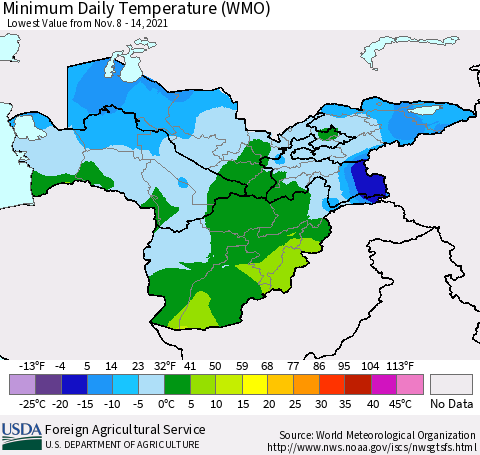 Central Asia Minimum Daily Temperature (WMO) Thematic Map For 11/8/2021 - 11/14/2021