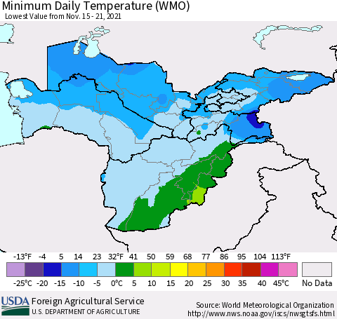 Central Asia Minimum Daily Temperature (WMO) Thematic Map For 11/15/2021 - 11/21/2021