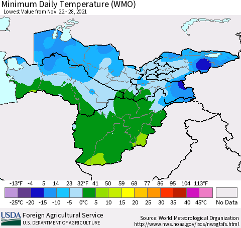 Central Asia Minimum Daily Temperature (WMO) Thematic Map For 11/22/2021 - 11/28/2021