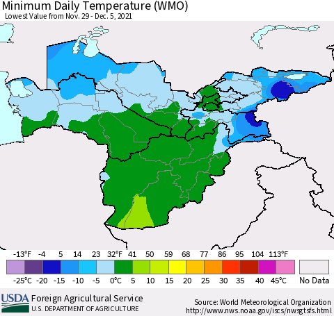 Central Asia Minimum Daily Temperature (WMO) Thematic Map For 11/29/2021 - 12/5/2021