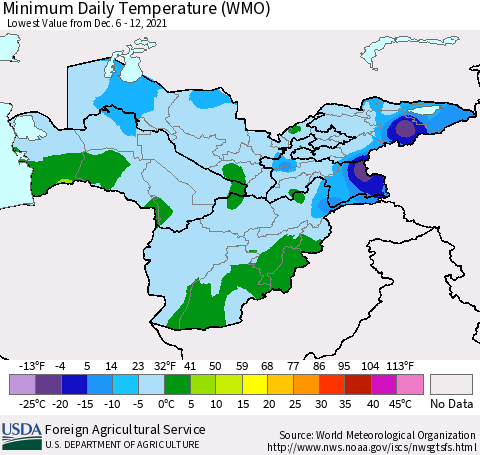 Central Asia Minimum Daily Temperature (WMO) Thematic Map For 12/6/2021 - 12/12/2021