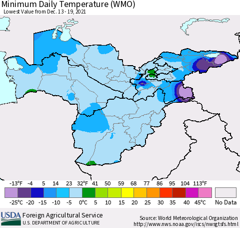 Central Asia Minimum Daily Temperature (WMO) Thematic Map For 12/13/2021 - 12/19/2021
