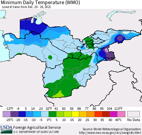 Central Asia Minimum Daily Temperature (WMO) Thematic Map For 12/20/2021 - 12/26/2021