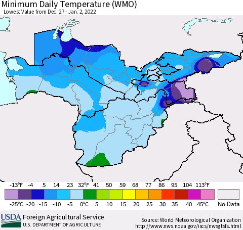 Central Asia Minimum Daily Temperature (WMO) Thematic Map For 12/27/2021 - 1/2/2022