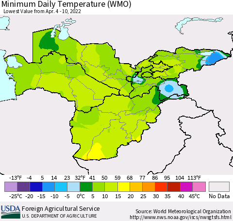 Central Asia Minimum Daily Temperature (WMO) Thematic Map For 4/4/2022 - 4/10/2022