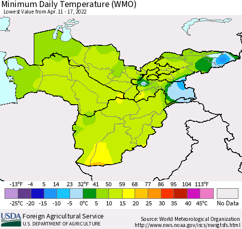 Central Asia Minimum Daily Temperature (WMO) Thematic Map For 4/11/2022 - 4/17/2022