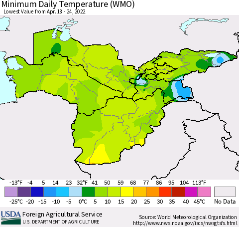 Central Asia Minimum Daily Temperature (WMO) Thematic Map For 4/18/2022 - 4/24/2022