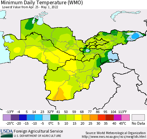 Central Asia Minimum Daily Temperature (WMO) Thematic Map For 4/25/2022 - 5/1/2022