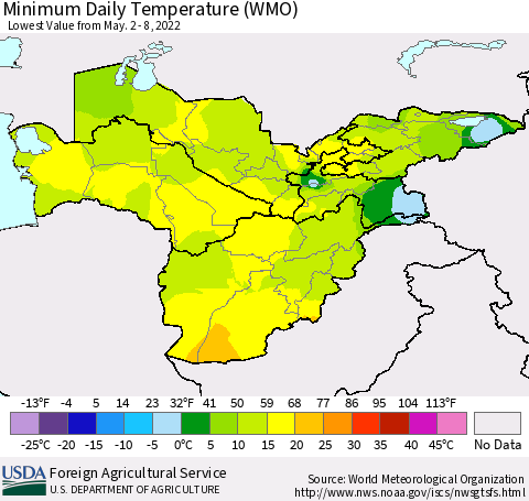 Central Asia Minimum Daily Temperature (WMO) Thematic Map For 5/2/2022 - 5/8/2022