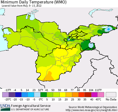 Central Asia Minimum Daily Temperature (WMO) Thematic Map For 5/9/2022 - 5/15/2022