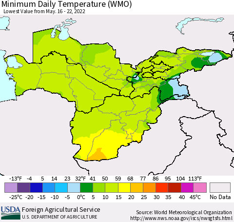 Central Asia Minimum Daily Temperature (WMO) Thematic Map For 5/16/2022 - 5/22/2022