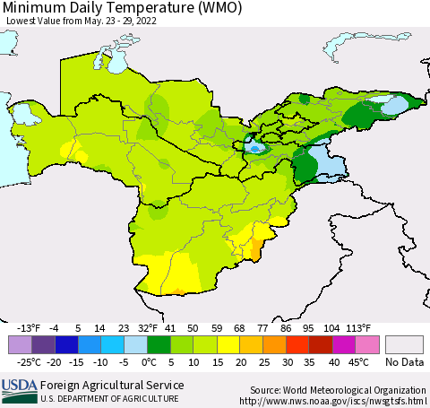 Central Asia Minimum Daily Temperature (WMO) Thematic Map For 5/23/2022 - 5/29/2022