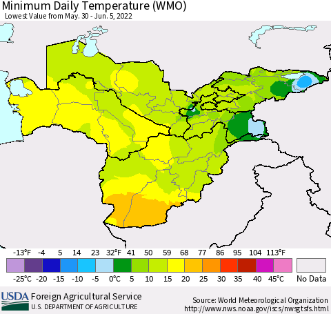Central Asia Minimum Daily Temperature (WMO) Thematic Map For 5/30/2022 - 6/5/2022