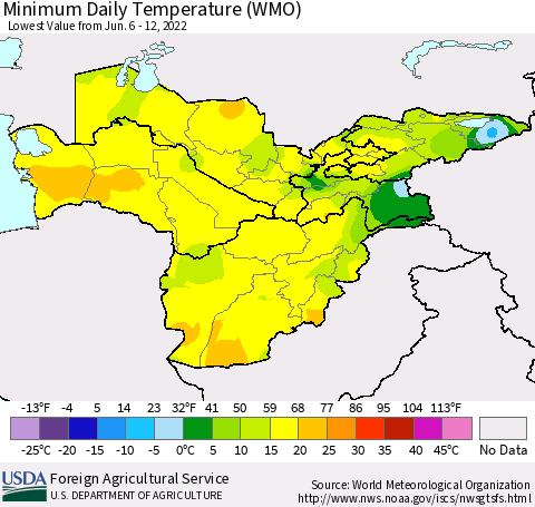 Central Asia Minimum Daily Temperature (WMO) Thematic Map For 6/6/2022 - 6/12/2022