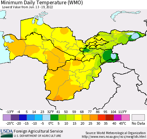 Central Asia Minimum Daily Temperature (WMO) Thematic Map For 6/13/2022 - 6/19/2022