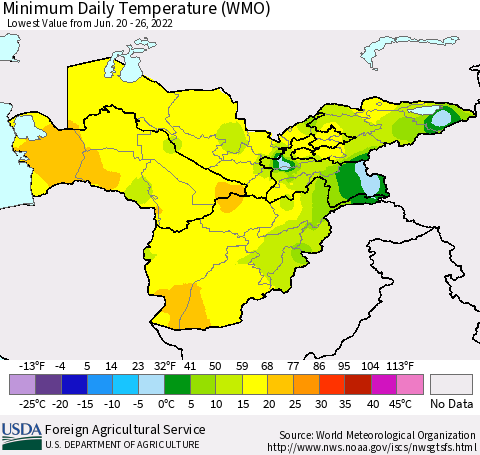 Central Asia Minimum Daily Temperature (WMO) Thematic Map For 6/20/2022 - 6/26/2022