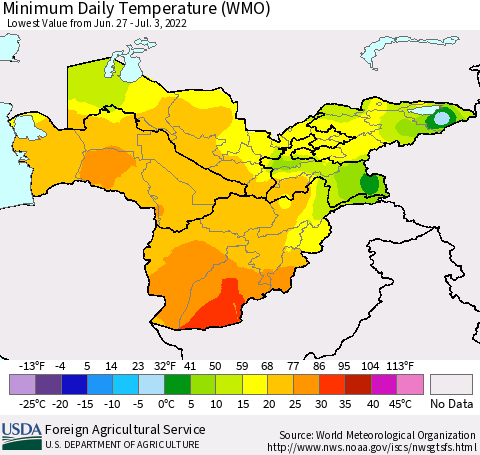 Central Asia Minimum Daily Temperature (WMO) Thematic Map For 6/27/2022 - 7/3/2022