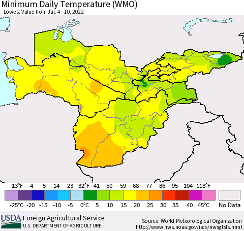 Central Asia Minimum Daily Temperature (WMO) Thematic Map For 7/4/2022 - 7/10/2022