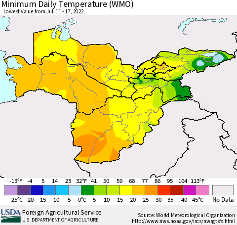 Central Asia Minimum Daily Temperature (WMO) Thematic Map For 7/11/2022 - 7/17/2022