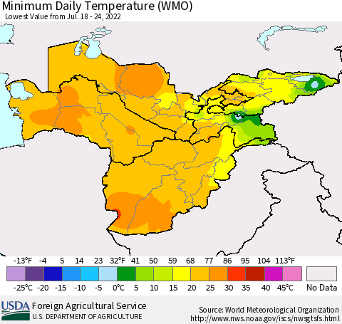 Central Asia Minimum Daily Temperature (WMO) Thematic Map For 7/18/2022 - 7/24/2022