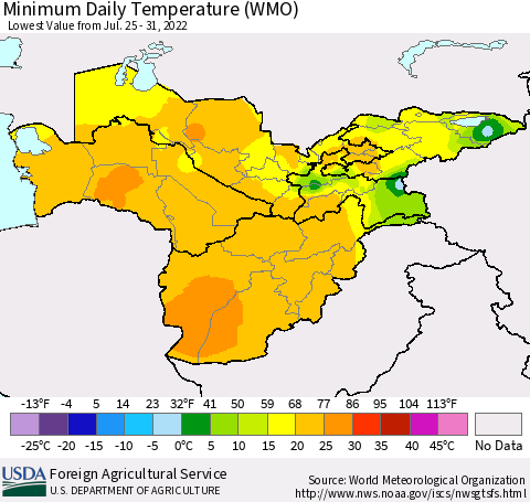 Central Asia Minimum Daily Temperature (WMO) Thematic Map For 7/25/2022 - 7/31/2022
