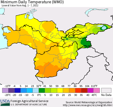 Central Asia Minimum Daily Temperature (WMO) Thematic Map For 8/1/2022 - 8/7/2022