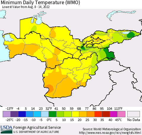 Central Asia Minimum Daily Temperature (WMO) Thematic Map For 8/8/2022 - 8/14/2022