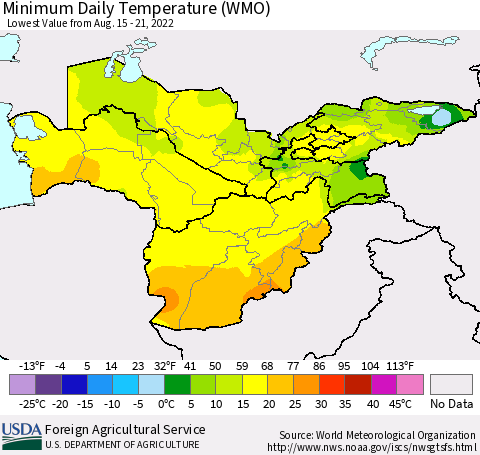 Central Asia Minimum Daily Temperature (WMO) Thematic Map For 8/15/2022 - 8/21/2022