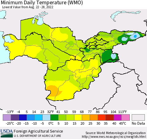 Central Asia Minimum Daily Temperature (WMO) Thematic Map For 8/22/2022 - 8/28/2022