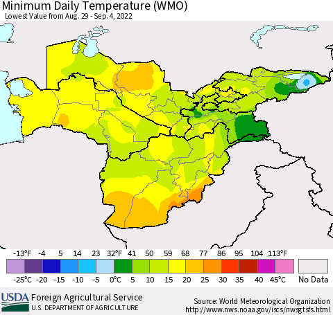 Central Asia Minimum Daily Temperature (WMO) Thematic Map For 8/29/2022 - 9/4/2022