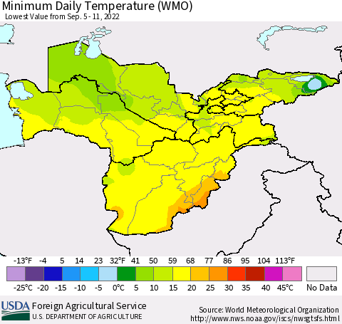 Central Asia Minimum Daily Temperature (WMO) Thematic Map For 9/5/2022 - 9/11/2022