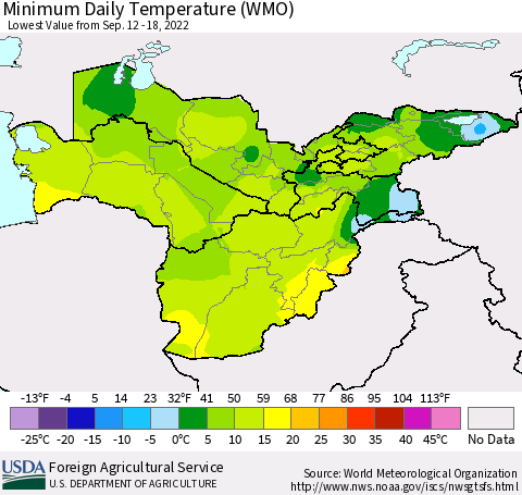 Central Asia Minimum Daily Temperature (WMO) Thematic Map For 9/12/2022 - 9/18/2022