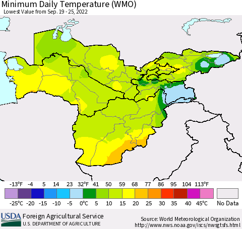 Central Asia Minimum Daily Temperature (WMO) Thematic Map For 9/19/2022 - 9/25/2022
