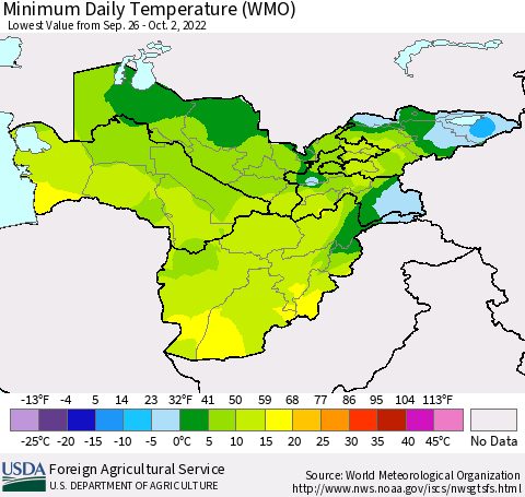 Central Asia Minimum Daily Temperature (WMO) Thematic Map For 9/26/2022 - 10/2/2022