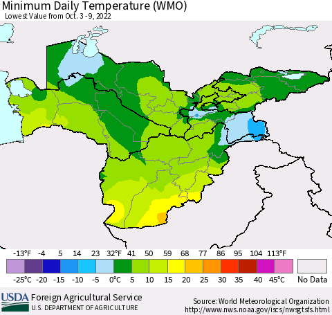 Central Asia Minimum Daily Temperature (WMO) Thematic Map For 10/3/2022 - 10/9/2022