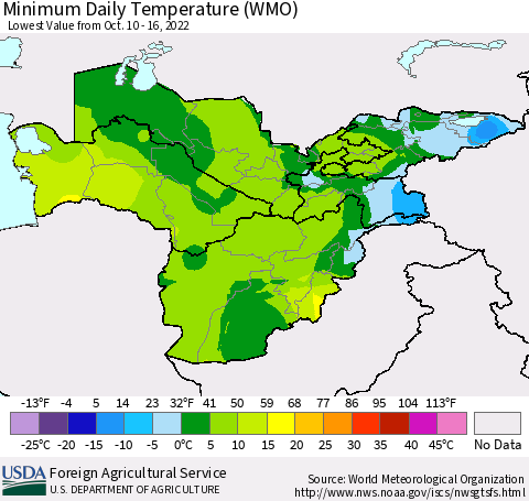 Central Asia Minimum Daily Temperature (WMO) Thematic Map For 10/10/2022 - 10/16/2022