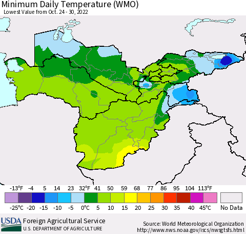 Central Asia Minimum Daily Temperature (WMO) Thematic Map For 10/24/2022 - 10/30/2022