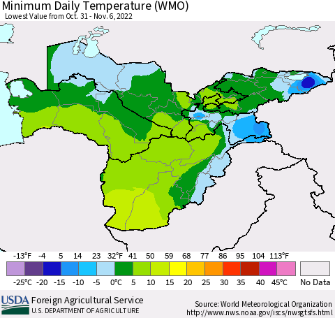 Central Asia Minimum Daily Temperature (WMO) Thematic Map For 10/31/2022 - 11/6/2022