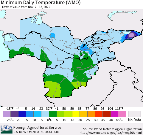 Central Asia Minimum Daily Temperature (WMO) Thematic Map For 11/7/2022 - 11/13/2022
