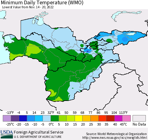 Central Asia Minimum Daily Temperature (WMO) Thematic Map For 11/14/2022 - 11/20/2022