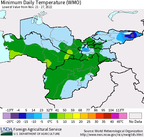 Central Asia Minimum Daily Temperature (WMO) Thematic Map For 11/21/2022 - 11/27/2022