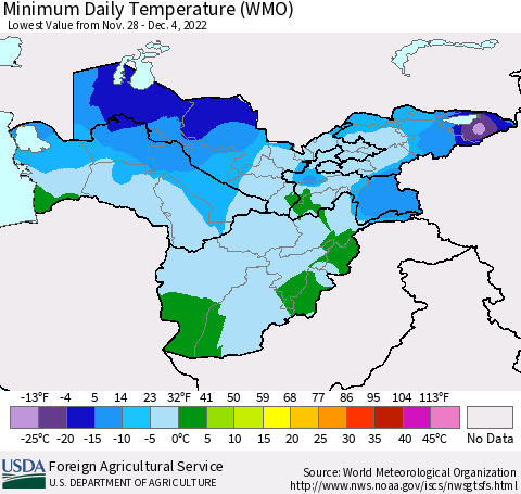 Central Asia Minimum Daily Temperature (WMO) Thematic Map For 11/28/2022 - 12/4/2022